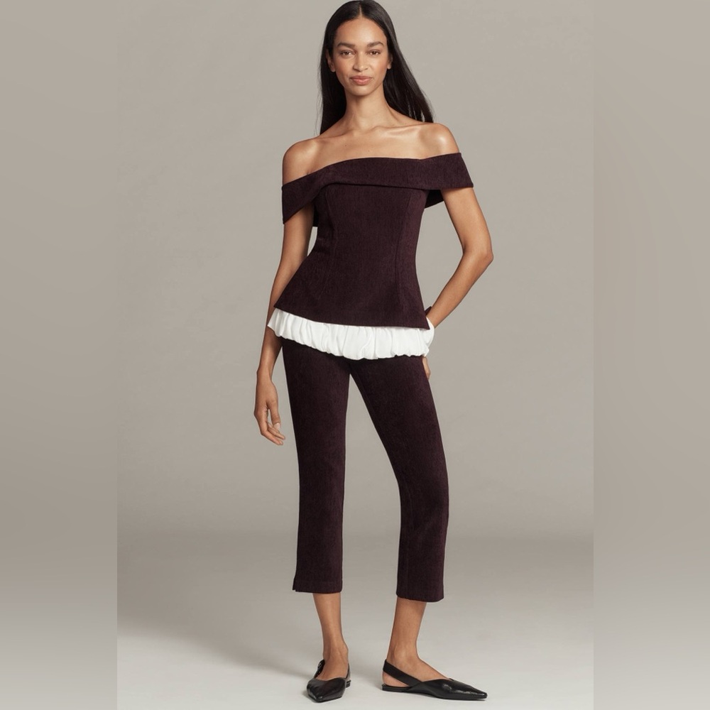 Maude Club Ivy Bubble-Hem Off-the-Shoulder Top & Jade Pant Set Maroon | S | NWT - Picture 2 of 8
